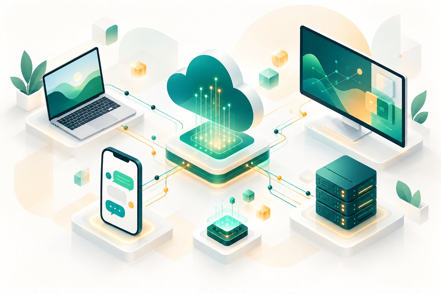 Illustration of connected devices and a chat conversation